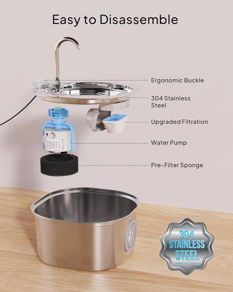 PEKTACO Cat Water Fountain Stainless Steel, 3.2L/108oz Cat Water Dispenser with Quiet Water Pump and Water-Level Window, Dishwasher Safe Pet Drinking Fountain for Cats Indoor with Replacement Filter - Image 5